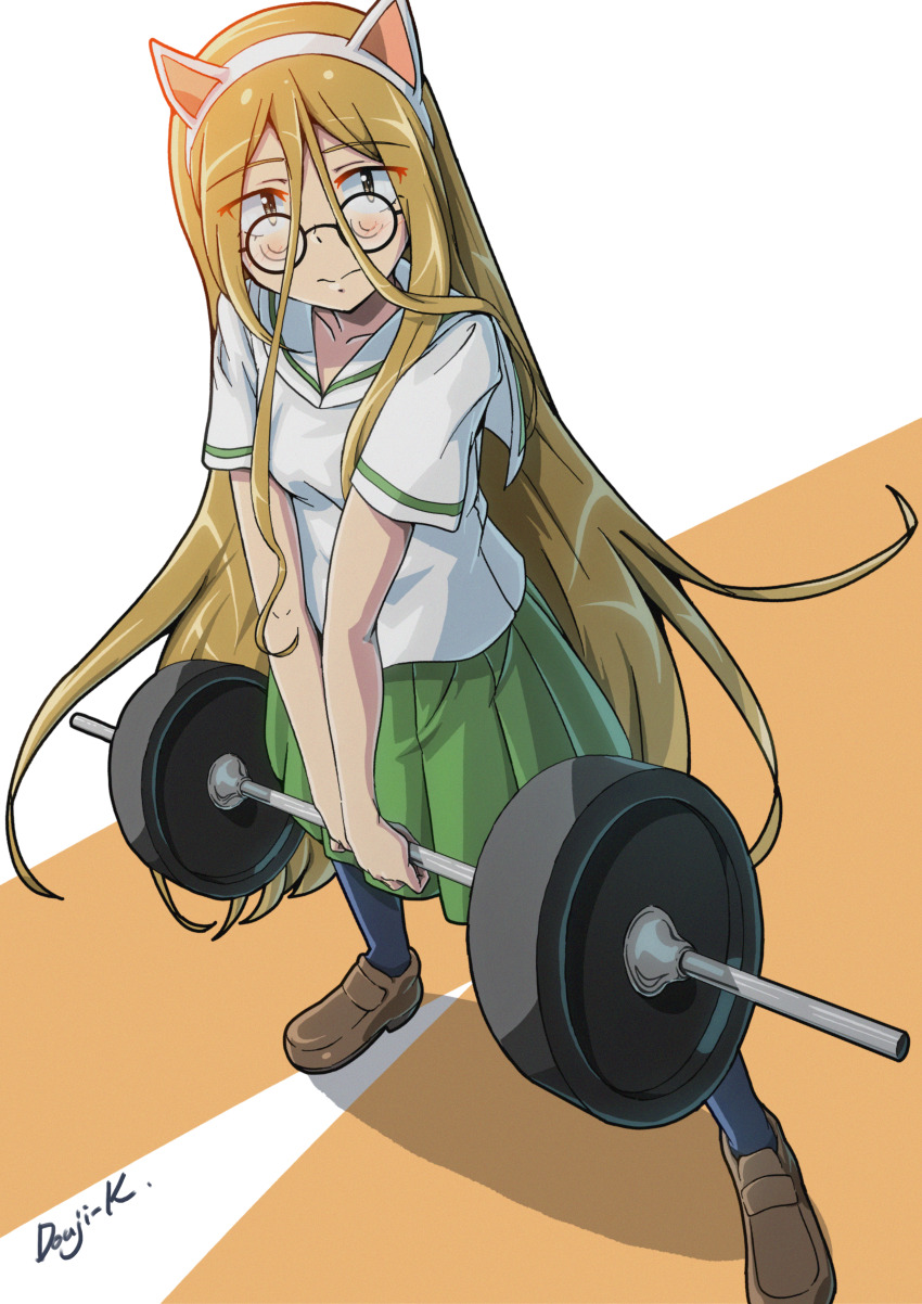 1girl absurdres animal_ears artist_name barbell black-framed_eyewear black_socks blonde_hair blouse brown_eyes brown_shoes cat_ears closed_mouth coke-bottle_glasses exercising fake_animal_ears frown full_body girls_und_panzer glasses green_skirt hair_between_eyes highres holding kuroneko_douji loafers long_hair looking_at_viewer looking_over_eyewear medium_skirt nekonyaa_(girls_und_panzer) no_neckwear ooarai_school_uniform pleated_skirt round_eyewear sailor_collar school_uniform serafuku shirt shoes short_sleeves signature skirt socks solo standing weightlifting white_sailor_collar