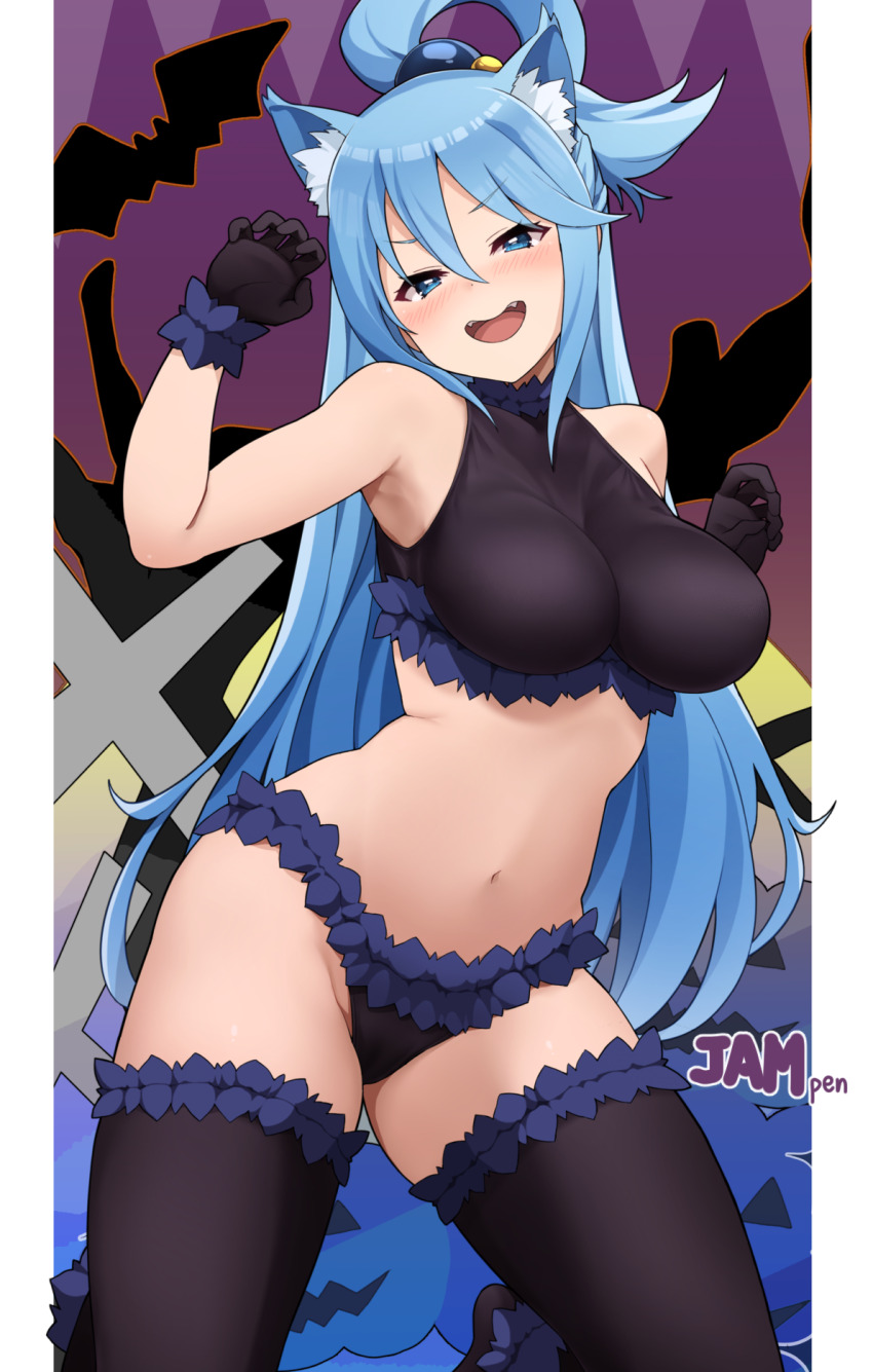 1girl animal_ears aqua_(konosuba) bare_shoulders bat_(animal) black_gloves black_panties black_sports_bra black_thighhighs blue_hair blush breasts fangs frilled_panties frilled_thighhighs frills gloves hair_rings highres jack-o&#039;-lantern jampen kono_subarashii_sekai_ni_shukufuku_wo! large_breasts long_hair looking_at_viewer midriff navel open_mouth panties pumpkin revealing_clothes single_hair_ring smile solo sports_bra thighhighs underwear