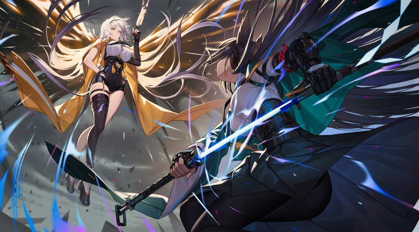 2girls animal_ear_fluff animal_ears aqua_jacket arm_behind_back arm_out_of_sleeve asymmetrical_gloves black_gloves black_hair black_pantyhose black_shorts black_skirt black_thighhighs breasts closed_mouth commentary drawing_sword elbow_gloves faceoff fingerless_gloves fox_ears fox_girl gauntlets gloves hair_ornament high-waist_shorts highres holding holding_ofuda holding_sword holding_weapon hoshimi_miyabi jacket katana kuji-in large_breasts long_hair looking_at_another multiple_girls nian_(zhanian) pantyhose shirt shorts single_elbow_glove single_fingerless_glove single_gauntlet single_thighhigh skirt sword thighhighs thighs uneven_gloves very_long_hair weapon white_hair white_shirt wide_sleeves yellow_jacket yixuan_(zenless_zone_zero) zenless_zone_zero