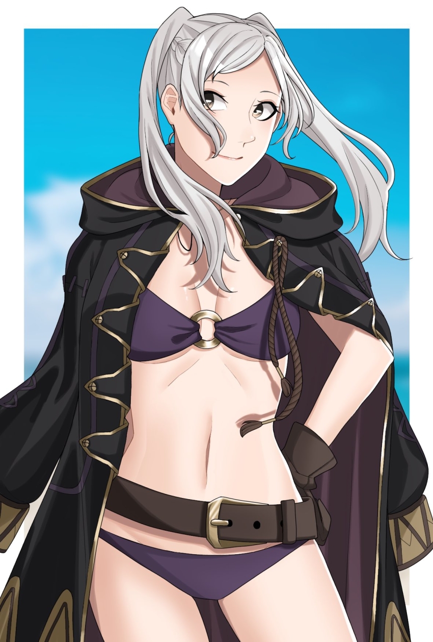 1girl ao_saryaruhu beach belt bikini breasts brown_eyes brown_gloves cleavage coat coat_on_shoulders collarbone day eyelashes female_focus female_robin_(fire_emblem) fire_emblem fire_emblem_awakening fire_emblem_heroes floating_hair gloves hand_on_own_hip happy highres hood hooded_coat intelligent_systems legs lips long_hair long_sleeves looking_to_the_side medium_breasts midriff navel neck nintendo o-ring o-ring_bikini o-ring_top official_alternate_costume open_clothes open_coat outdoors purple_bikini female_robin_(seaside_tactician)_(fire_emblem) sidelocks sideways_glance sky smile standing summer swept_bangs swimsuit thighs turning_head twintails underboob white_hair