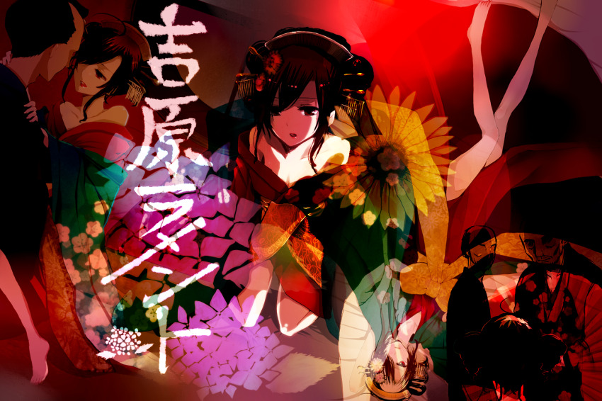 1girl 3boys alternate_costume breasts brown_hair cleavage flower hair_ornament hair_stick hydrangea japanese_clothes kasane_teto kimono kneeling looking_at_viewer multiple_boys multiple_views obi oiran oyamano_mayo parted_lips red_kimono sash sunflower utau yoshiwara_lament_(utau)