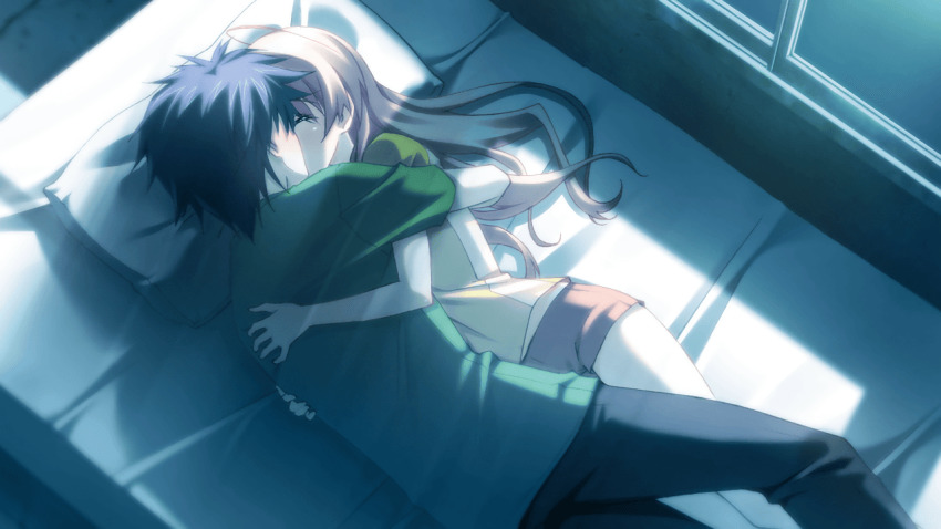 1boy 1girl antenna_hair black_pants blue_hair blurry blurry_background blush casual chaos;head chaos;head_love_chu_chu! closed_eyes couple facing_another from_behind game_cg green_shirt happy head_on_pillow hetero hug interlocked_legs kiss long_hair lying matsuo_yukihiro messy_hair moonlight night nishijou_takumi non-web_source official_art on_bed on_side pants pillow pink_hair pink_shorts sakihata_rimi shiny_skin shirt short_hair short_sleeves shorts spiked_hair tile_floor tiles window yellow_shirt