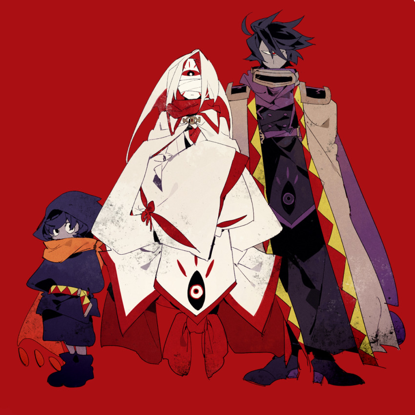 3boys ahoge arms_behind_back asymmetrical_hair bandages bandages_over_eyes belt black_coat black_footwear black_pants blue_eyes blue_hair blue_jacket blue_pants boots bow bright_pupils brooch buttons child cloak closed_mouth coat colored_inner_hair colored_sclera colored_skin commentary_request covered_face covered_mouth dark_matter_(kirby) dark_matter_blade double-breasted eye_print full_body grey_cloak grey_mask grey_skin hair_intakes hakama higa423 high_heel_boots high_heels hood hood_up hooded_jacket jacket japanese_clothes jewelry kariginu kimono kirby&#039;s_dream_land_2 kirby&#039;s_dream_land_3 kirby_(series) long_hair long_sleeves looking_at_viewer male_focus multicolored_hair multiple_boys nintendo one-eyed orange_scrunchie pants personification purple_scarf red-framed_eyewear red_background red_belt red_bow red_hair red_hakama red_kimono red_scarf red_sclera ribbon-trimmed_sleeves ribbon_trim scarf scrunchie short_hair shoulder_pads simple_background sleeve_ribbon sleeves_past_fingers sleeves_past_wrists standing straight-on swept_bangs third_eye triangle_print two-tone_belt white_cloak white_hair white_pupils white_skin yellow_belt zero_(kirby)