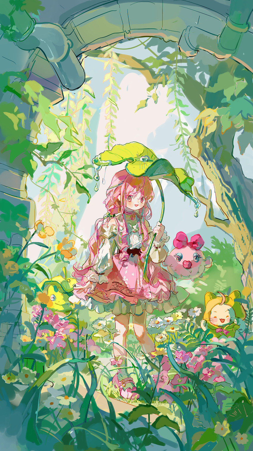 1girl ^_^ absurdres animal ankle_socks arch bare_shoulders black_bow black_ribbon blue_eyeshadow blue_sky blush_stickers bow bow_choker bow_legwear bowtie capelet cat character_request choker closed_eyes clothed_animal cloud colored_eyelashes day dew_drop ear_covers eyeshadow fish flower footwear_bow frilled_skirt frilled_sleeves frills frog full_body grass hair_bow hair_ribbon highres holding holding_umbrella hood hood_up hooded_capelet infinity_nikki knees leaf_umbrella lipstick long_hair long_sleeves looking_at_viewer low_twintails makeup mary_janes miniskirt momo_(nikki) nikki_(nikki) nikki_(series) off-shoulder_shirt off_shoulder outdoors pink_bow pink_bowtie pink_choker pink_eyes pink_flower pink_hair pink_lips pink_shoes pink_skirt puffer_fish puffy_long_sleeves puffy_sleeves putong_xiao_gou ribbon shirt shoes sidelocks single_stripe skirt sky snowflake_print socks spring_(season) standing striped_bow striped_bowtie striped_choker striped_clothes tree tress_ribbon twintails umbrella umbrella_over_shoulder very_long_hair waist_bow water_drop wavy_hair whiskers white_cat white_flower white_shirt white_socks willow