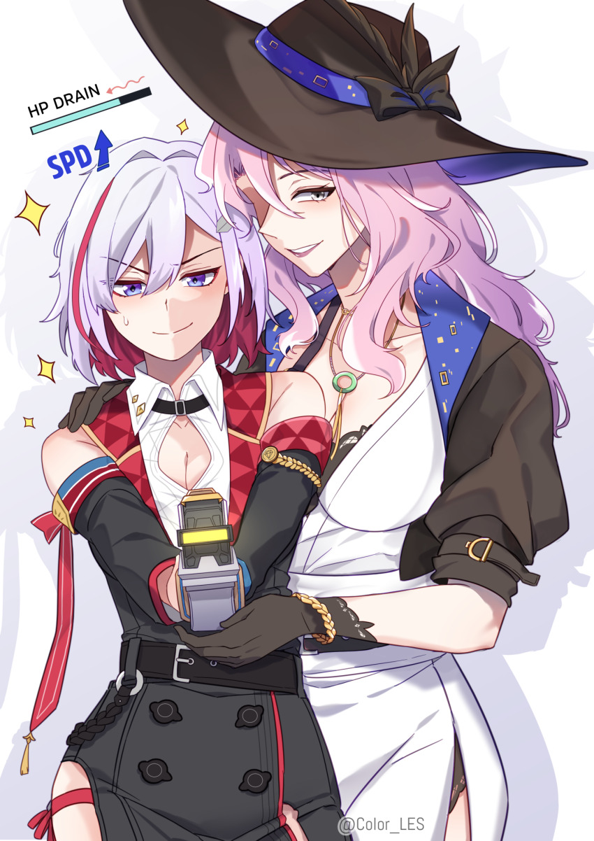 2girls arrow_(symbol) belt belt_buckle black_belt black_gloves black_hat blue_eyes blue_ribbon buckle cleavage_cutout clothing_cutout color-les commentary drop_shadow english_commentary english_text gloves grey_eyes grin hair_between_eyes hand_on_another&#039;s_shoulder hat hat_ribbon highres holding holding_weapon honkai:_star_rail honkai_(series) jade_(honkai:_star_rail) lips multicolored_hair multiple_girls one_eye_in_shadow pale_skin pink_hair purple_lips red_streaks ribbon small_sweatdrop smile sparkle split_mouth topaz_(honkai:_star_rail) two-tone_hair v-shaped_eyebrows weapon weapon_request white_hair