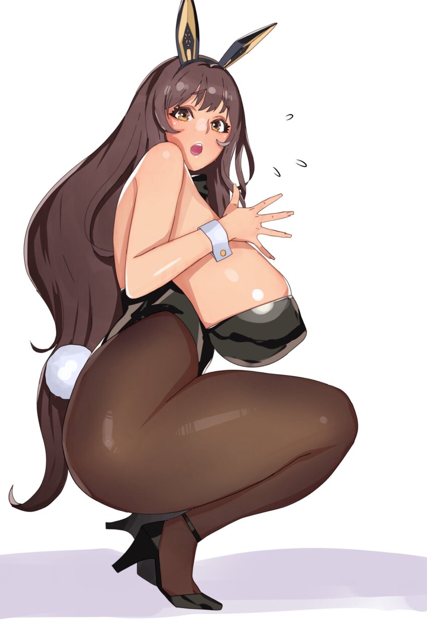 1girl :o animal_ears black_footwear black_leotard breasts brown_eyes brown_hair brown_pantyhose fake_animal_ears from_side goddess_of_victory:_nikke high_heels highleg highleg_leotard highres huge_breasts leotard leyton long_hair looking_at_viewer noir_(nikke) open_mouth pantyhose playboy_bunny simple_background skindentation solo squatting strapless strapless_leotard surprised thighs tiptoes very_long_hair white_background wrist_cuffs