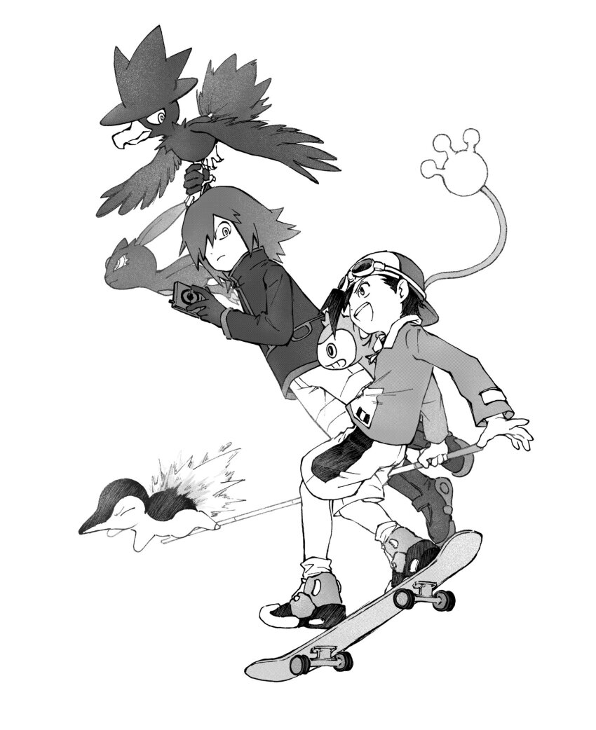 2boys :d aipom backwards_hat bird black_hair cyndaquil ethan_(pokemon) full_body game_freak gen_2_pokemon goggles goggles_on_headwear greyscale hat highres holding_pokedex jacket looking_at_viewer monochrome multiple_boys murkrow nintendo one_eye_covered open_mouth pants pokedex pokemon pokemon_(creature) pokemon_adventures pole shorts silver_(pokemon) simple_background skateboard smile sneasel standing tan_carbonnn white_background white_pants