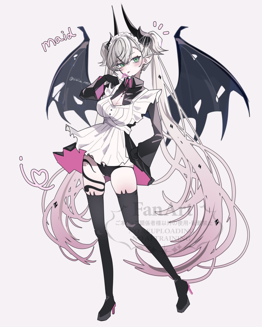 1girl absurdres alternate_costume apron black_panties boots breasts candy demon_wings enmaided fate/grand_order fate_(series) food full_body green_eyes high_heel_boots high_heels highres holding holding_candy holding_food holding_lollipop horns lilith_(fate) lollipop looking_at_viewer maid maid_apron maid_day maid_headdress panties pointy_ears sisila_neco solo thigh_boots tongue tongue_out twintails underwear white_background white_hair wings