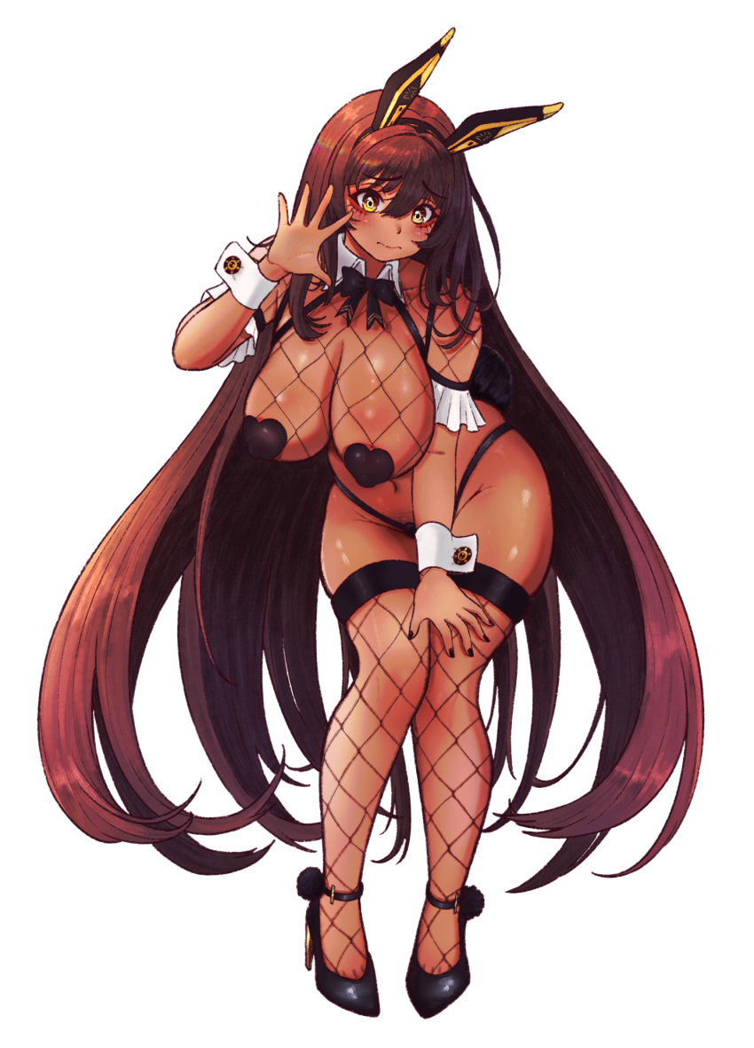 1girl animal_ears black_bow black_bowtie black_footwear black_nails blush bow bowtie breasts brown_hair dark-skinned_female dark_skin detached_collar fake_animal_ears fake_tail fishnet_pantyhose fishnets frontless_outfit full_body goddess_of_victory:_nikke heart_pasties high_heels highres kilowinwin large_breasts long_hair looking_at_viewer meme_attire nail_polish noir_(nikke) pantyhose pasties rabbit_ears rabbit_tail reverse_bunnysuit reverse_outfit simple_background solo tail very_long_hair waving white_background wrist_cuffs yellow_eyes