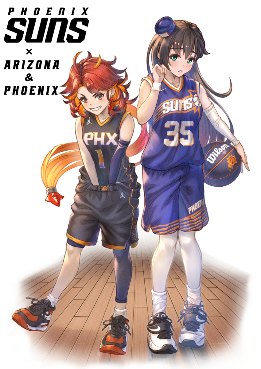 2girls arizona_(azur_lane) azur_lane ball basketball basketball_(object) basketball_uniform character_name copyright_name detached_sleeves devin_booker full_body highres jordan_brand kevin_durant long_hair multiple_girls name_connection national_basketball_association nike_(company) phoenix_(azur_lane) phoenix_suns shoes single_detached_sleeve single_leg_warmer sneakers socks sportswear wilson_sporting_goods wooden_floor wristband yakkuro