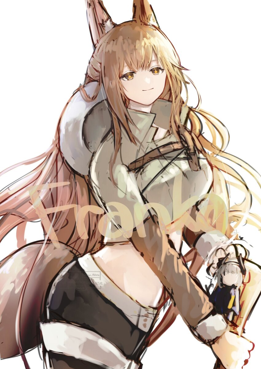 1girl animal_ears arknights brown_hair brown_tail charm_(object) fox_ears fox_girl fox_tail franka_(arknights) franka_(rainforest_me_rainbow)_(arknights) highres looking_at_viewer midriff tail tukaima white_background