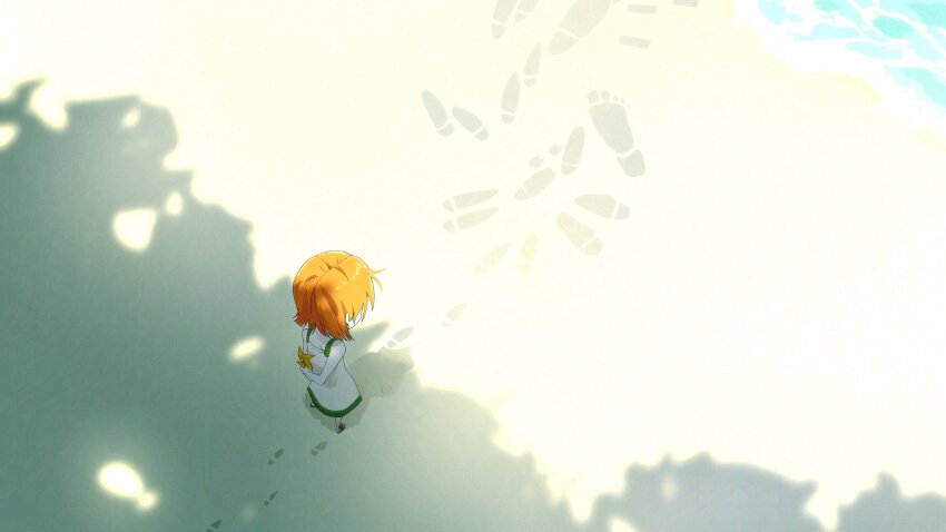 1girl absurdres aged_down arm_behind_back bare_arms bare_shoulders beach child dappled_sunlight dress footprints from_above from_behind full_body highres holding holding_pinwheel nami_(one_piece) one_piece orange_hair outdoors pinwheel sanam_1piece sand sandals short_hair sleeveless sleeveless_dress solo standing sunlight water