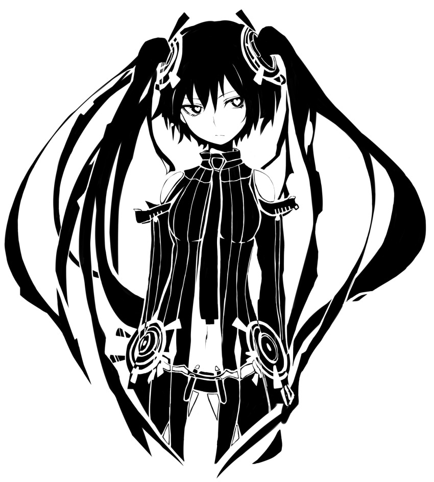 1girl bare_shoulders breasts bridal_gauntlets center_opening closed_mouth elbow_gloves gloves hair_ornament hatsune_miku hatsune_miku_(append) heart heart-shaped_pupils highres long_hair looking_at_viewer medium_breasts monochrome navel necktie serious shirt solo symbol-shaped_pupils tsunotsuki_(uguisu_maccha) twintails very_long_hair vocaloid vocaloid_append