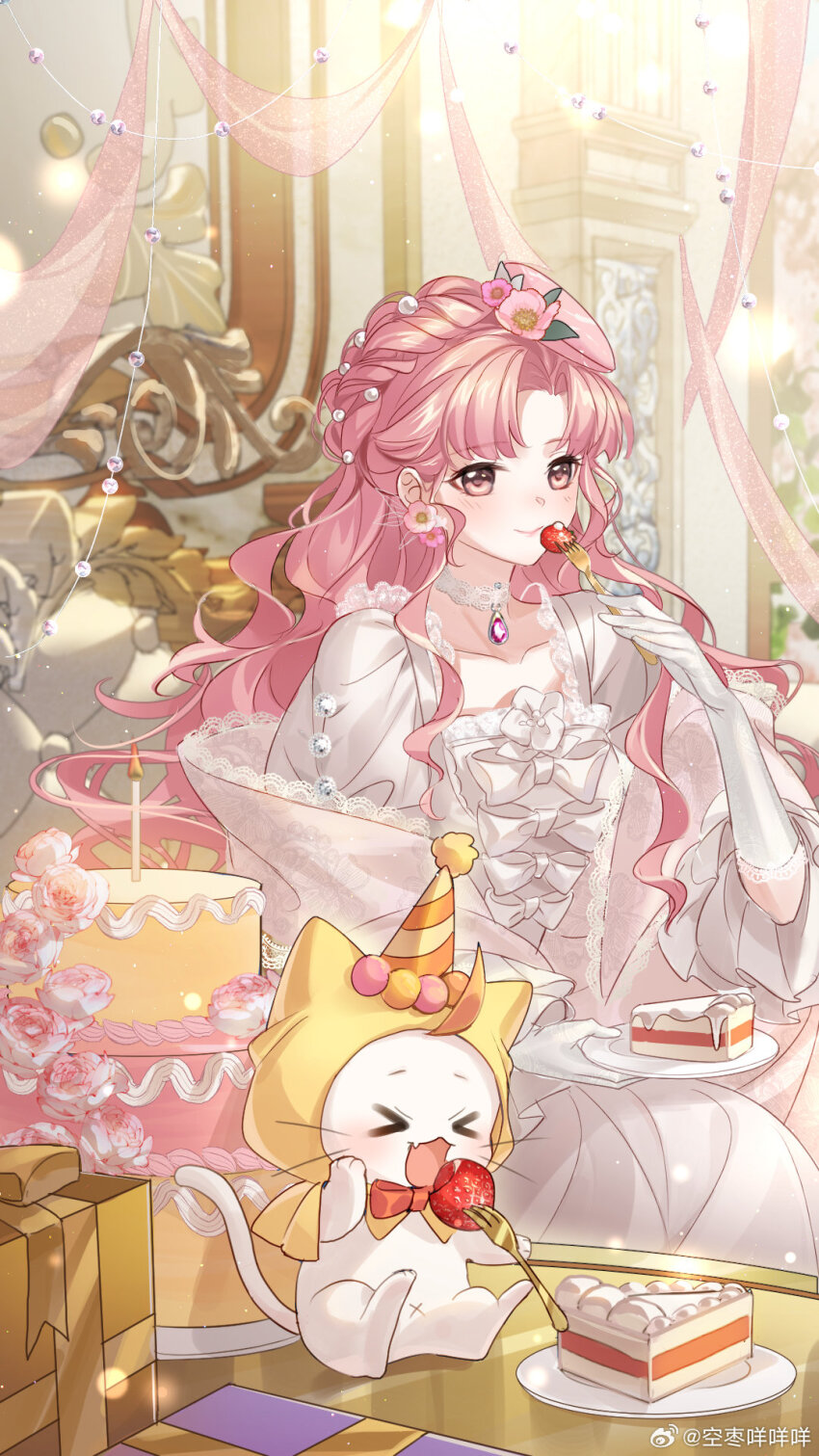 &gt;_&lt; 1girl animal beads birthday bow bow_button bowtie braid brown_pantyhose cake cake_slice candle capelet cat center_frills choker closed_mouth clothed_animal collarbone cowboy_shot crown_braid day dress ear_covers earrings eating fang fire floral_print flower flower_earrings food fork frilled_dress frilled_sleeves frills fruit gem gift gloves gown hair_beads hair_flower hair_ornament happy hat highres holding holding_fork holding_plate hood hood_up hooded_capelet indoors jewelry juliet_sleeves kongzao lace lace-trimmed_gloves lace-trimmed_shawl lace_trim leaf light_blush light_particles long_dress long_hair long_sleeves looking_at_viewer mini_hat miracle_nikki momo_(nikki) nikki_(nikki) nikki_(series) open_mouth orange_hat pantyhose parted_bangs party_hat peony_(flower) pillar pink_flower pink_gemstone pink_hair pink_hat pink_lips pink_rose pink_shawl plate pom_pom_(clothes) puffy_sleeves red_bow red_bowtie rose shawl sidelocks skin_fang smile square_neckline strawberry streamers striped_clothes striped_headwear traditional_bowtie very_long_hair wavy_hair whiskers white_bow white_cat white_choker white_dress white_gloves yellow_capelet