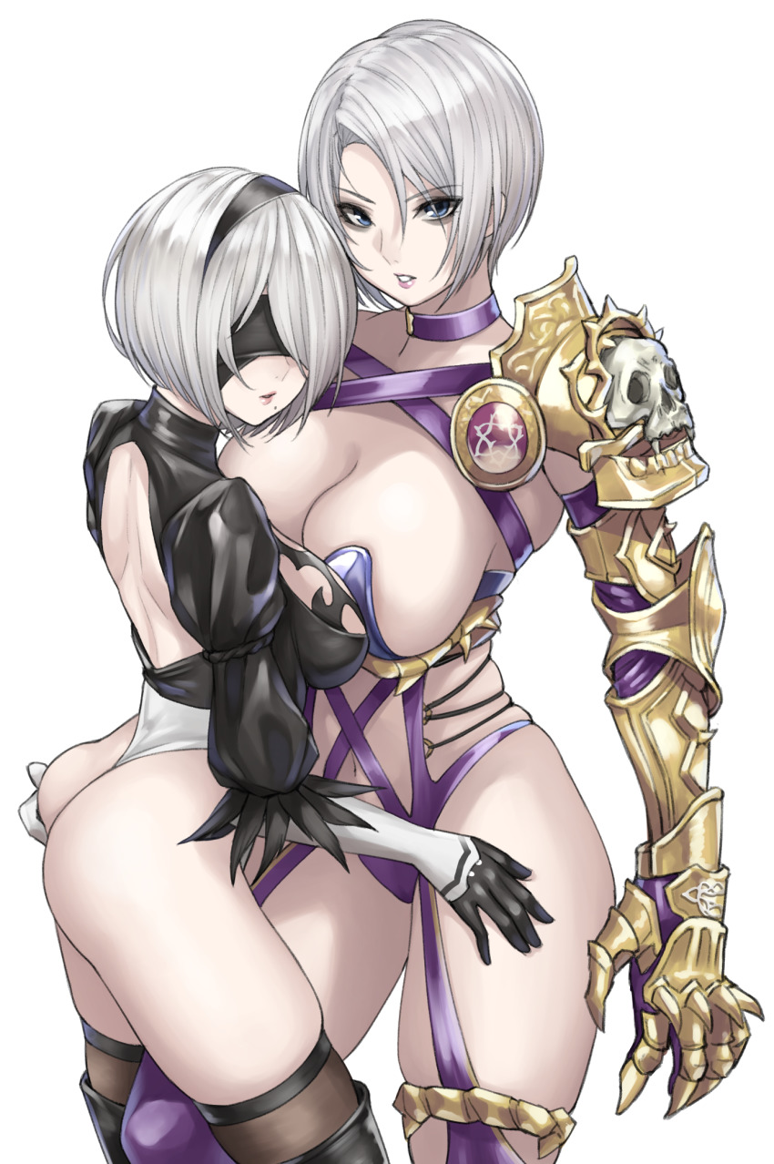 2b_(nier:automata) 2girls armor ass backless_leotard bad_tag blindfold blue_eyes boots breasts commission crossover feather_trim gauntlets gloves grabbing_another&#039;s_ass groping hairband hand_on_another&#039;s_ass highleg highleg_leotard highres isabella_valentine kurone_rinka large_breasts leotard lips long_sleeves looking_at_viewer medium_breasts mole mole_under_mouth multiple_girls nier:automata nier_(series) parted_lips puffy_short_sleeves puffy_sleeves purple_leotard short_hair short_sleeves shoulder_armor simple_background skeb_commission soul_calibur thigh_boots thighhighs thighs turtleneck white_background white_hair