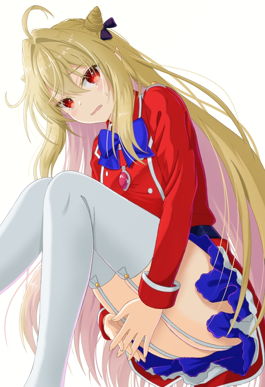 1girl ahoge black_bow blonde_hair blue_bow blue_skirt bow commentary cone_hair_bun crossed_bangs double_bun embarrassed eyelashes eyes_visible_through_hair fang feet_out_of_frame from_below frown garter_straps hair_between_eyes hair_bow hair_bun hair_intakes highres hikikomari_kyuuketsuki_no_monmon hugging_own_legs interlocked_fingers knees_together_feet_apart long_hair long_sleeves looking_at_viewer looking_down miniskirt mochimugi_rice open_mouth own_hands_together red_eyes red_shirt shirt sidelighting sidelocks simple_background skirt solo straight_hair sweatdrop terakomari_gandezblood thighhighs thighs tsurime very_long_hair white_background white_thighhighs