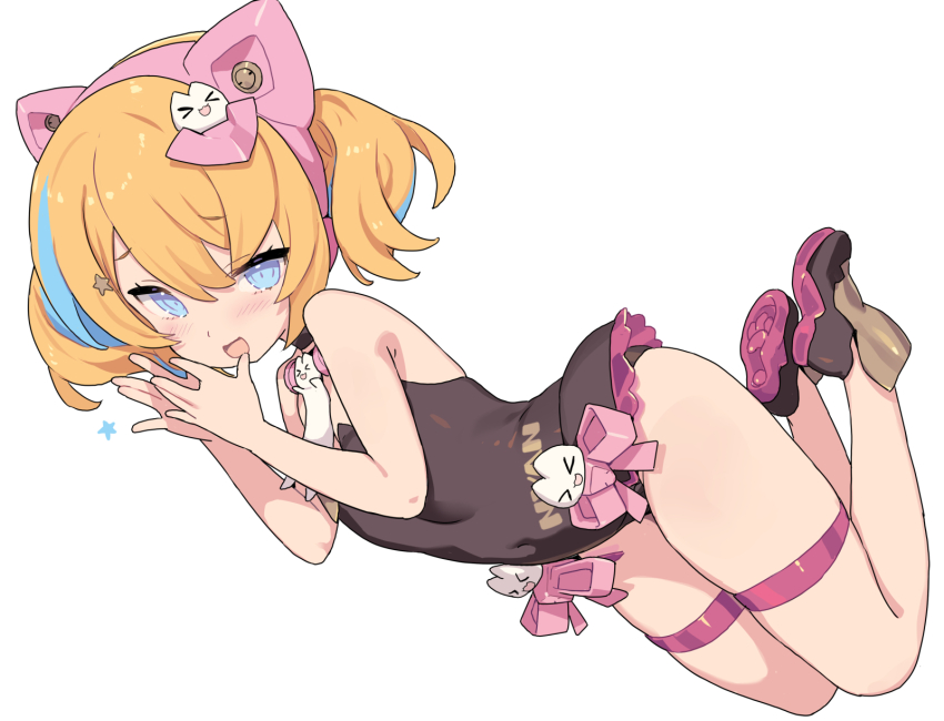 1girl :d animal_ear_hairband animal_ears animal_hairband bare_shoulders black_choker black_leotard black_shoes blade_(galaxist) blonde_hair blue_eyes blush cat_ears cat_hair_ornament choker commentary_request covered_navel fake_animal_ears full_body hair_between_eyes hair_ornament hairband hand_to_own_mouth hands_up highres kittysuit leotard looking_at_viewer medium_hair megami_device nontraditional_playboy_bunny open_mouth paw_print paw_print_soles pink_hairband pink_ribbon playboy_bunny puni_mofu_mao ribbon shoes short_twintails simple_background smile solo strapless strapless_leotard thighhighs twintails white_background white_thighhighs