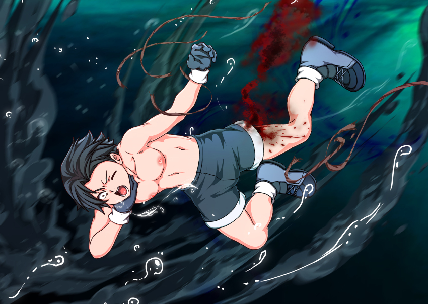 1boy absurdres asphyxiation blood blood_splatter breasts gloves guro highres male_gore male_ryona monotorino_guuwa muscular muscular_child muscular_male nipples one_eye_closed original rope ryona shoes shorts shota sneakers solo thighs water wince