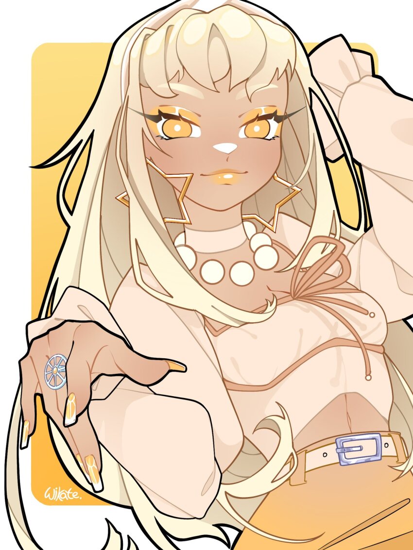 1girl arm_behind_head bead_necklace beads belt belt_buckle blonde_hair border breasts bright_pupils buckle choker cleavage closed_mouth clothing_cutout commentary cowboy_shot earrings english_commentary eyelashes eyeshadow hairband high-waist_skirt highres jewelry large_earrings lipstick long_hair long_sleeves looking_at_viewer makeup nail_art nail_polish navel necklace orange_ribbon outside_border outstretched_hand puffy_long_sleeves puffy_sleeves ribbon ring shirt sidelocks signature skirt smile solo square_neckline standing star_(symbol) star_earrings stella_(winx_club) stomach_cutout studded_belt tan very_long_hair white_belt white_border white_choker white_pupils white_shirt wikate winx_club yellow_background yellow_eyes yellow_eyeshadow yellow_hairband yellow_lips yellow_nails yellow_skirt