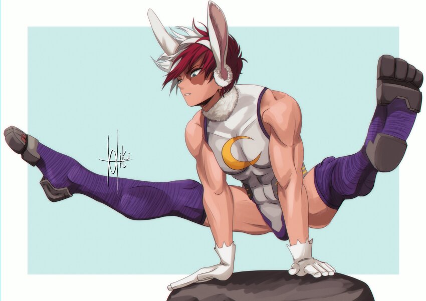 1boy abs absurdres animal_ears bare_arms bare_shoulders boku_no_hero_academia bulge burn_scar cosplay feet gloves highres leotard male_focus mirko mirko_(cosplay) multicolored_hair muscular muscular_male pectorals rabbit_ears red_hair scar scar_on_face short_hair simple_background solo todoroki_shouto two-tone_hair white_gloves white_hair white_leotard youseimanami