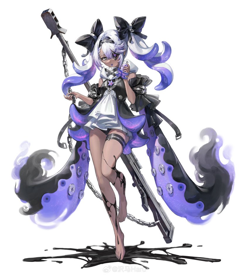 1girl :p absurdres animal anti-materiel_rifle arm_tattoo bare_shoulders barefoot black_bow black_dress black_liquid black_panties black_sleeves bolt_action bow chain colored_inner_hair colored_tongue cowboy_shot dark-skinned_female dark_skin detached_sleeves dress flower_eyepatch girls&#039;_frontline gradient_hair grey_eyes gun hair_bow hand_up highres holding holding_animal hs.50_(girls&#039;_frontline) leg_up long_hair looking_at_viewer multicolored_hair muzzle_device octopus official_alternate_costume official_art panties pantyshot purple_hair purple_tongue rifle sawamaharu short_dress sniper_rifle solo standing standing_on_one_leg steyr_hs_.50 tachi-e tattoo tentacle_hair tentacles thigh_strap tongue tongue_out two-tone_dress underwear watermark weapon weibo_watermark white_background white_dress white_hair