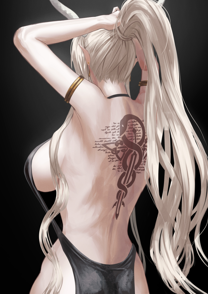 absurdres arknights armlet back_tattoo backless_dress backless_outfit black_background black_dress dress from_behind gino_(gino_h) highres holding holding_own_hair horns jewelry long_hair pointy_ears ponytail shining_(arknights) shining_(silent_night)_(arknights) solo tattoo very_long_hair white_hair