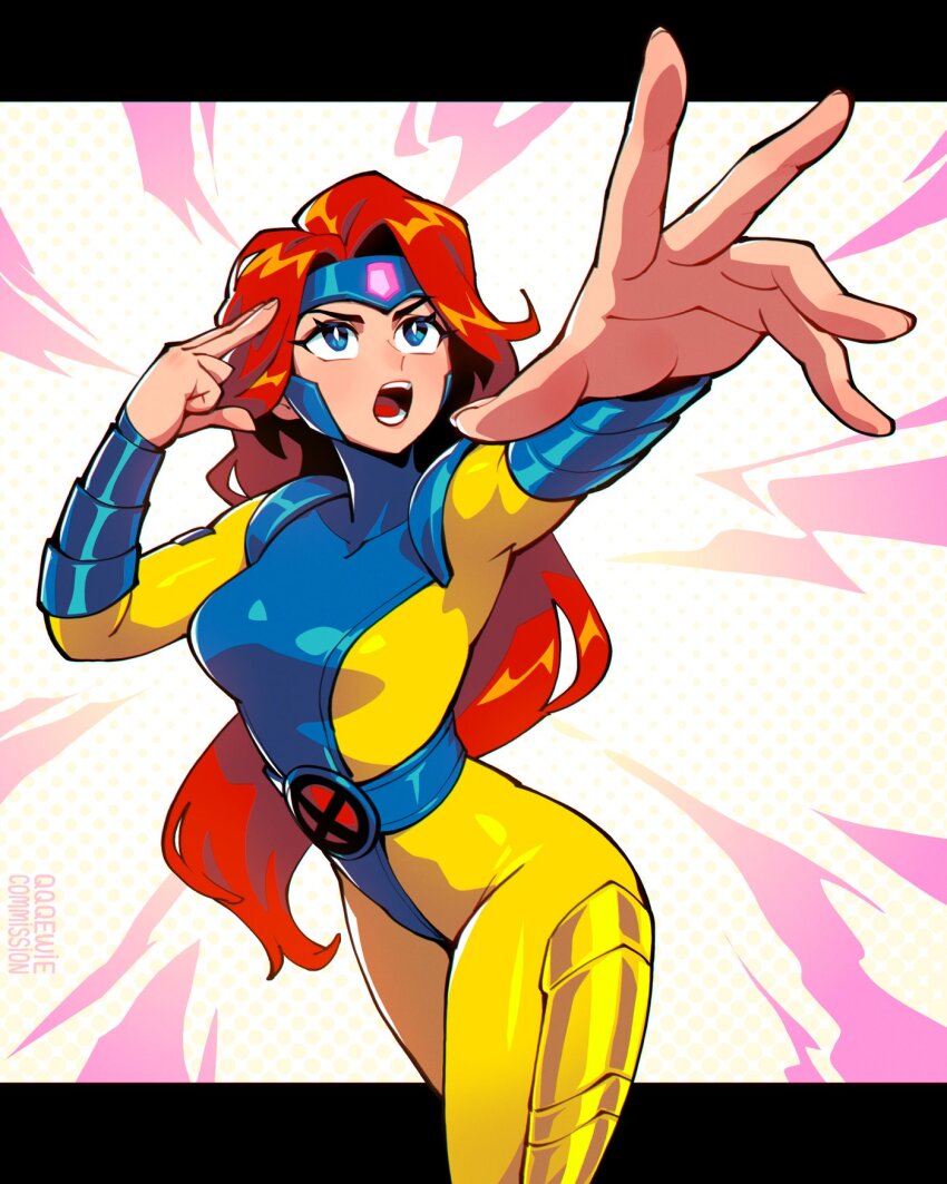 1girl 333_(dqqqdle) animification blue_eyes bodysuit cowboy_shot fingernails highres jean_grey lipstick long_hair makeup marvel open_mouth red_hair skin_tight solo superhero_costume telekinesis x-men yellow_bodysuit