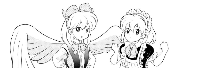1980s_(style) 2girls angel_wings apron archived_source bad_id bad_twitter_id bow clenched_hands closed_mouth dress feathered_wings frilled_apron frills gengetsu_(touhou) greyscale hair_bow hands_on_own_hips happy juliet_sleeves long_sleeves looking_at_viewer maid maid_headdress monochrome multiple_girls oldschool puffy_sleeves retro_artstyle ruukoto short_hair takemoto_izumi_(style) touhou touhou_(pc-98) white_wings wings yatyou