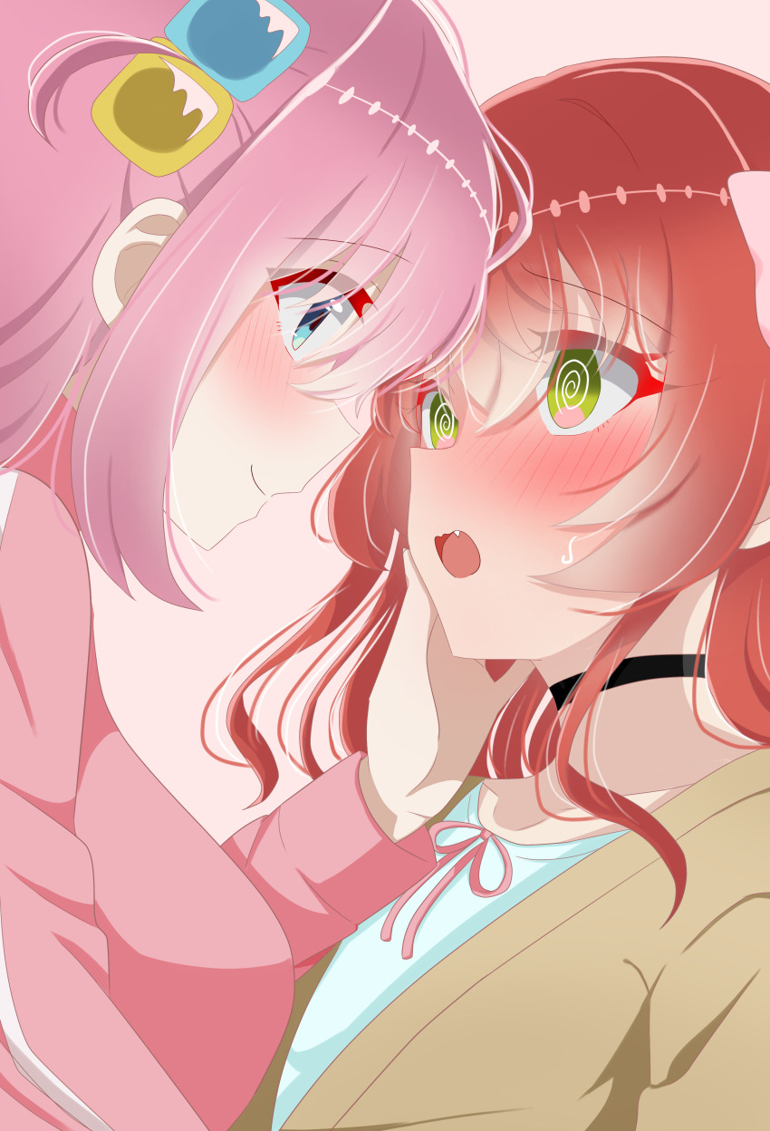 2girls @_@ absurdres aqua_shirt black_choker blue_eyes blush bocchi_the_rock! bow breasts brown_background brown_cardigan cardigan choker choppy_bangs closed_mouth collarbone couple cube_hair_ornament eye_contact eyes_visible_through_hair fang gotoh_hitori hair_bow hair_ornament hair_over_eyes hair_over_shoulder hand_on_another&#039;s_cheek hand_on_another&#039;s_face highres hrtahm jacket kita_ikuyo large_breasts long_bangs long_hair long_sidelocks long_sleeves looking_at_another multiple_girls nose_blush open_mouth pink_bow pink_hair pink_jacket pink_ribbon raised_inner_eyebrows red_hair ribbon shirt shirt_ribbon sidelocks simple_background smile sweatdrop track_jacket upper_body wavy_mouth yuri