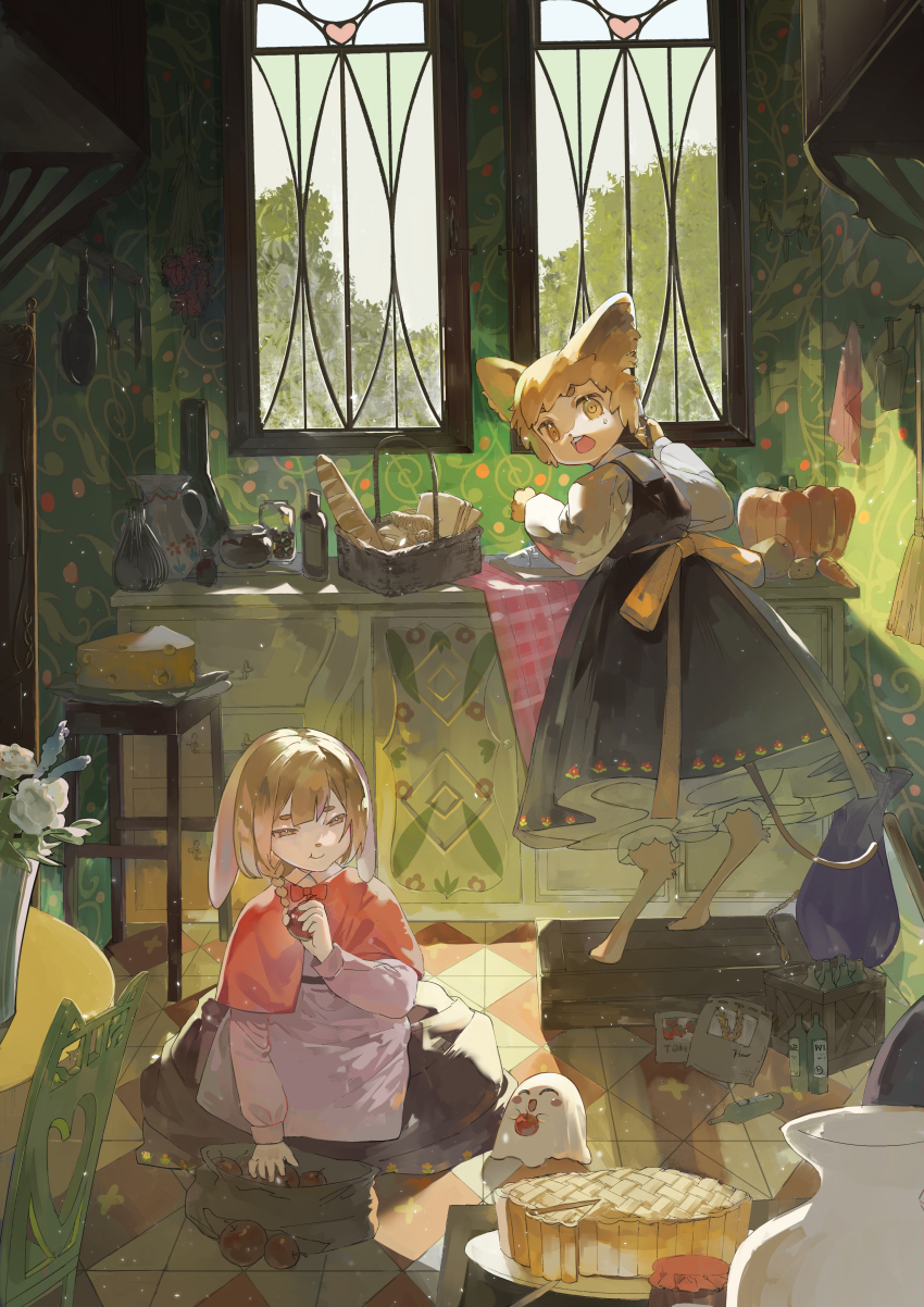 2girls absurdres animal_ears animal_feet annoyed apple apple_pie apron back_bow baguette basket black_dress black_skirt bloomers bow bowtie braid bread brown_eyes brown_hair capelet chewing child collared_shirt day dishwashing dress eating floral_print flower food fruit full_body ghost hand_on_ground highres holding holding_food holding_fruit indoors kitchen kneeling long_dress long_sleeves looking_at_creature looking_at_viewer looking_back lop_rabbit_ears mole mole_under_eye morgue_(southsakura) mouse_ears mouse_girl mouse_tail multiple_girls original petticoat pie pleated_dress rabbit_ears rabbit_girl red_bow red_bowtie red_capelet rose scenery shirt short_hair single_braid skirt sky standing sunlight table tail tree underwear vase white_apron white_bloomers white_flower white_rose white_shirt white_sky window yellow_bow
