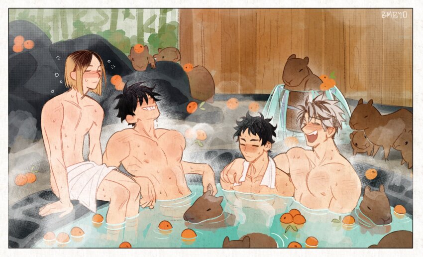 4boys akaashi_keiji arm_around_shoulder bathing black_hair blonde_hair blush bokuto_koutarou bombyoon capybara closed_eyes closed_mouth commentary covering_privates elbow_rest haikyuu!! hair_down hand_rest highres kozume_kenma kuroo_tetsurou male_focus multicolored_hair multiple_boys naked_towel nipples nude nude_cover onsen partially_submerged pectorals roots_(hair) same-sex_bathing shared_bathing short_hair sitting smile steam toned toned_male towel towel_around_neck towel_on_legs two-tone_hair upper_body water wet white_hair