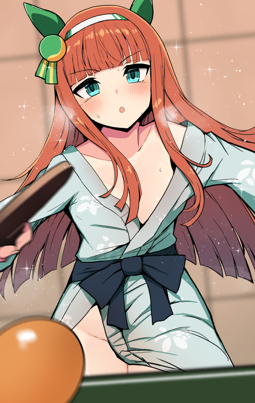 1girl :o akizuki_shigure animal_ears blue_eyes breasts cleavage commentary_request ear_covers highres holding_table_tennis_paddle horse_ears horse_girl japanese_clothes kimono long_hair looking_at_viewer open_mouth orange_hair paddle silence_suzuka_(umamusume) smile solo table_tennis_paddle umamusume
