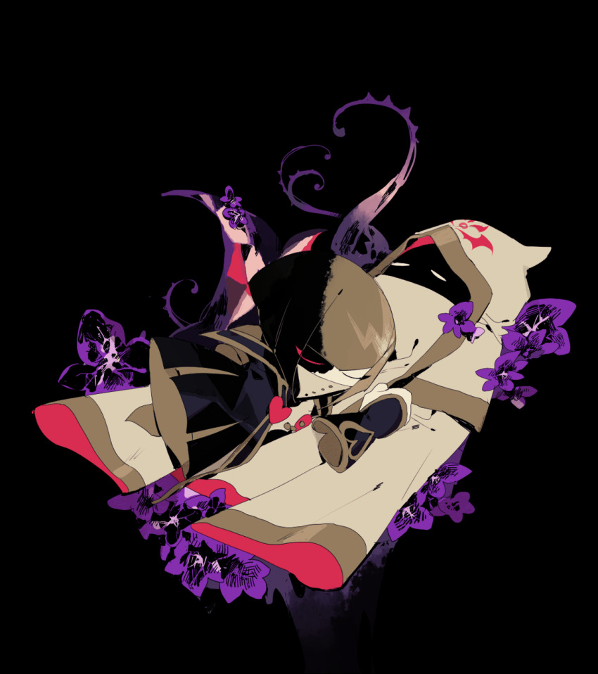 1boy 1girl black_background black_bridal_gauntlets black_robe blonde_hair blunt_bangs blunt_ends bob_cut bridal_gauntlets buttons check_flower closed_eyes commentary_request corruption covered_mouth detached_hood flower flower_request hand_on_own_chest heart higa423 high_collar highres hood hood_up hyness kirby_(series) long_sleeves lying lying_on_person mouth_veil nintendo on_back on_side pansy plant purple_flower rayman_limbs robe short_hair simple_background sleeves_past_fingers sleeves_past_wrists stole thorns veil vines white_hood white_robe white_veil wide_sleeves yellow_trim zan_partizanne