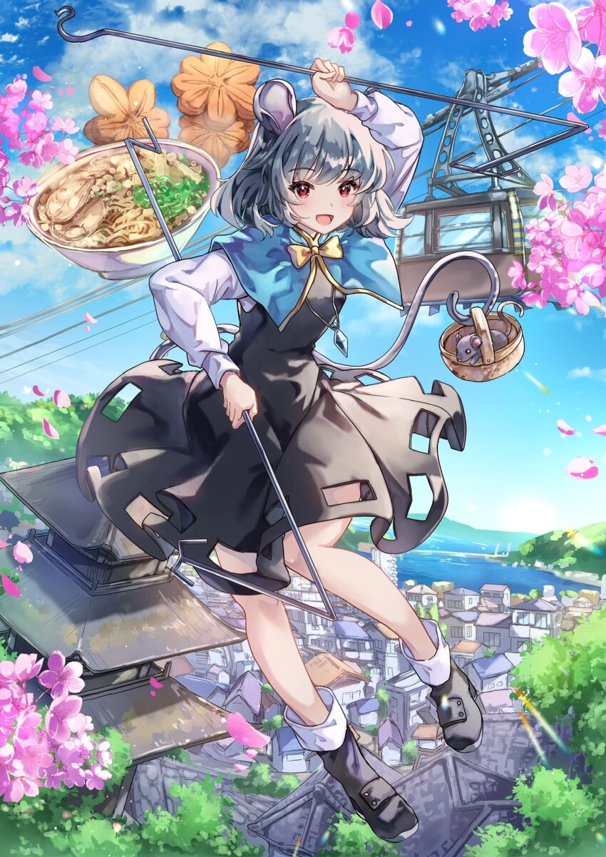 1girl animal_ears ankle_boots architecture basket black_boots blue_capelet blue_sky blush boots bow bowl bowtie cable_car capelet cherry_blossoms cloud commentary_request dowsing_rod dress east_asian_architecture falling_petals flying food full_body grey_dress grey_hair highres holding holding_with_tail jewelry long_sleeves looking_at_viewer mountainous_horizon mouse_(animal) mouse_ears mouse_girl mouse_tail nanop38 nazrin noodles ocean open_mouth outdoors pagoda pendant petals pink_petals prehensile_tail ramen red_eyes short_hair sky smile solo tail touhou town yellow_bow yellow_bowtie