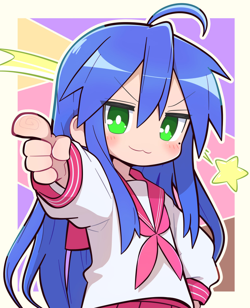 1girl :3 absurdres ahoge blue_hair blush_stickers chibi fingerprint green_eyes highres izumi_konata long_hair looking_at_viewer lucky_star mole mole_under_eye neckerchief newbear open_mouth outstretched_arm pink_neckerchief pink_skirt pointing ryouou_school_uniform school_uniform serafuku skirt solo star_(symbol)