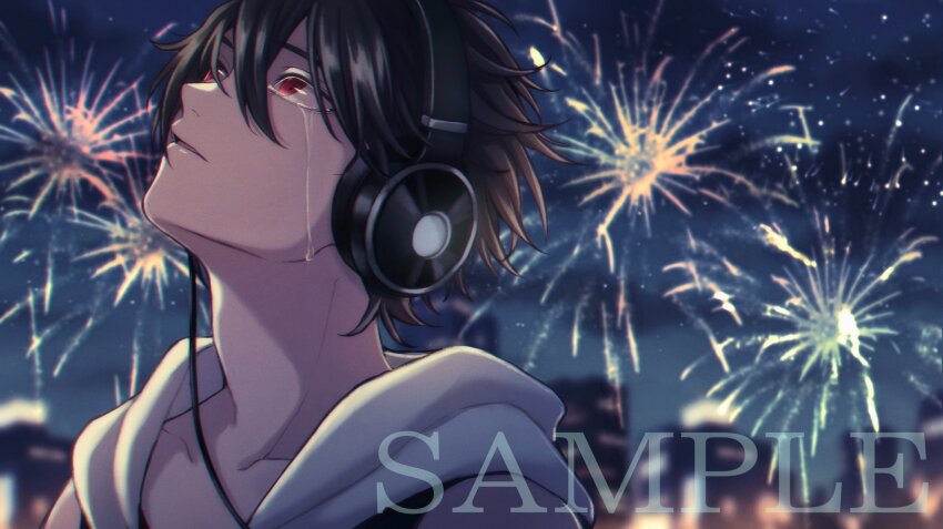 1boy aerial_fireworks black_hair blurry blurry_background cityscape collarbone commentary_request crying fireworks hair_between_eyes headphones highres hood hoodie looking_up male_focus moxamog night night_sky nijisanji parted_lips portrait red_eyes sample_watermark short_hair sky solo streaming_tears tears virtual_youtuber watermark white_hoodie yumeoi_kakeru yumeoi_kakeru_(1st_costume)