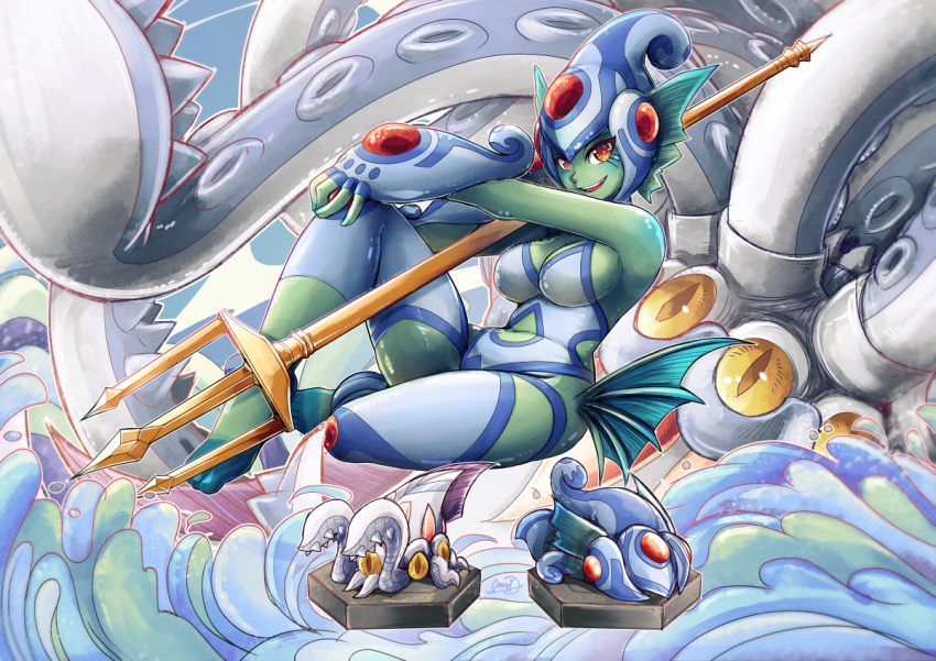 calamaramon colored_skin digimon digimon_(creature) digimon_frontier fins frog_girl gensox green_skin head_fins helmet legendary_spirit_(digimon) looking_at_viewer monster_girl polearm ranamon red_eyes smile tentacles trident water weapon yellow_eyes