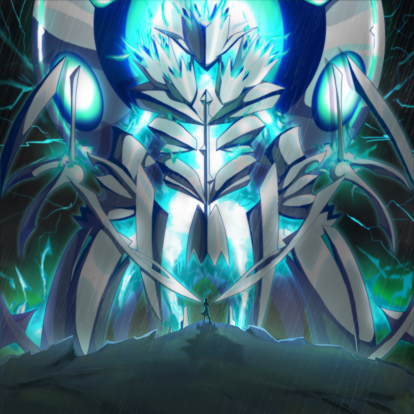 1boy 1other absurdres alien bug character_request daybit_sem_void eldritch_abomination extra_arms fate/grand_order fate_(series) fire giant giant_monster glowing highres kaiju monster no_eyes ort_(type-moon) qi_huang_qin spider tsukihime