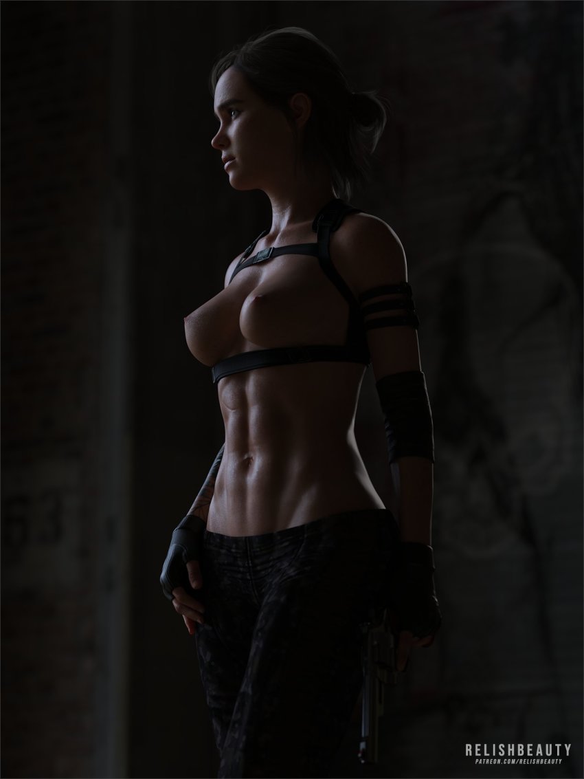 1girl 3d abs alternate_breast_size arm_tattoo breasts brown_hair ellie_(the_last_of_us) female_focus fingerless_gloves gloves green_eyes gun hand_on_own_hip handgun harness highres looking_away medium_breasts muscular muscular_female navel nipples nude relishbeauty revolver shiny_skin solo standing tattoo the_last_of_us the_last_of_us_(series) the_last_of_us_2 topless_female weapon wide_hips
