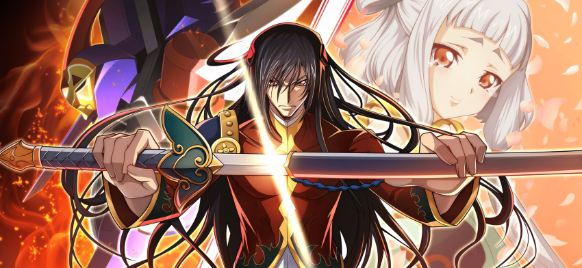 1boy armor artist_request blunt_bangs child code_geass code_geass:_lost_stories covered_collarbone fire game_cg grey_hair hair_between_eyes hair_ornament hands_up happy highres holding holding_sheath holding_sword holding_weapon jian_(weapon) li_xingke long_hair long_sleeves looking_at_viewer mecha non-web_source official_art petals raised_eyebrows red_eyes red_shirt robot serious sheath shen_hu_(code_geass) shirt shoulder_armor sidelocks skin_tight smile split_theme standing straight-on sword tears tianzi unsheathing upper_body v-shaped_eyebrows very_long_hair weapon