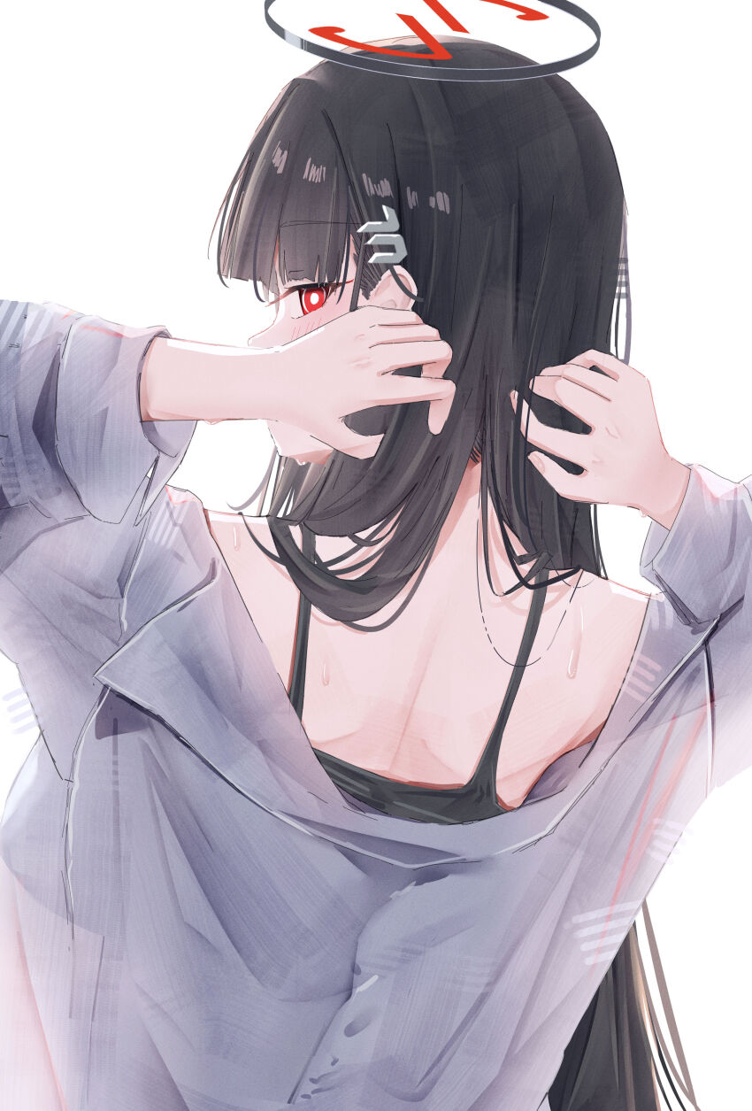 1girl absurdres black_hair blue_archive hair_ornament highres leonardo_566 long_hair looking_back loose_clothes loose_shirt original red_eyes rio_(blue_archive) shirt sweat white_shirt
