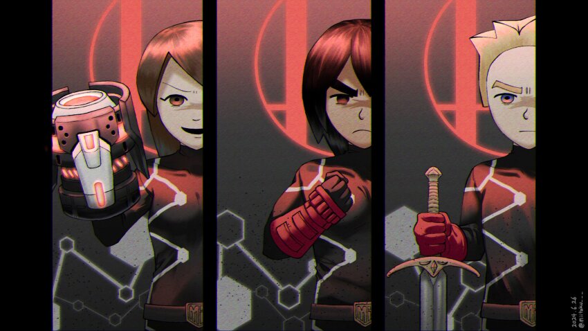 1girl 2boys angry arm_cannon army black_hair blonde_hair blue_eyes bodysuit evil_smile glowing glowing_eyes gun highres looking_at_viewer menacing mii_(nintendo) mii_brawler mii_gunner mii_swordfighter miitaku multiple_boys nintendo shaded_face short_hair smile super_smash_bros. sword weapon
