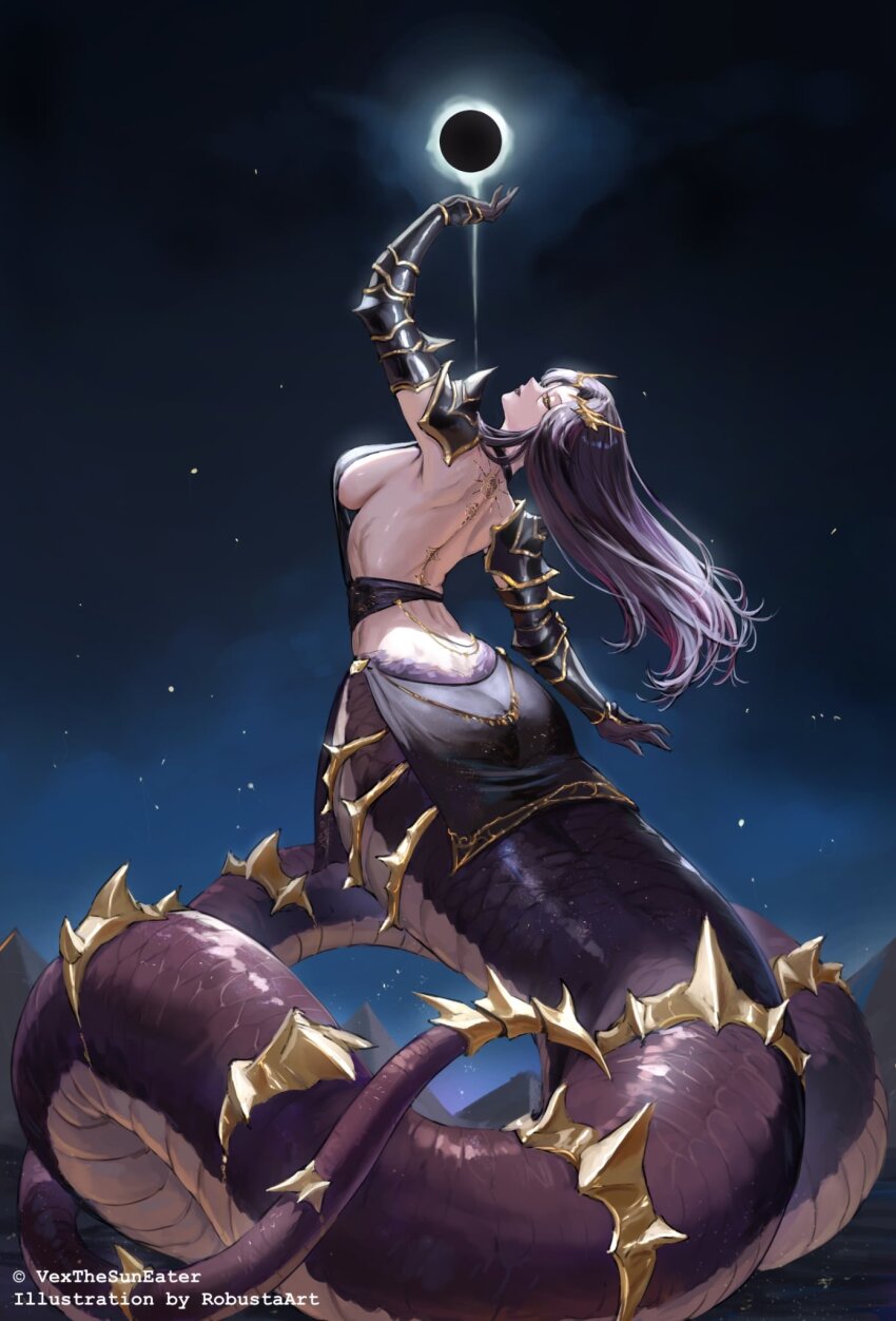 1girl artist_name breasts character_name clothing_request commentary commission eclipse english_commentary english_text full_body full_moon gauntlets gold headgear highres indie_virtual_youtuber lamia long_hair lunar_eclipse medium_breasts monster_girl moon night night_sky no_bra outdoors purple_lips purple_scales robusta_mania sky solo star_(sky) very_long_hair vexoria_the_sun_eater vexoria_the_sun_eater_(vexoria_2.0) virtual_youtuber yellow_eyes