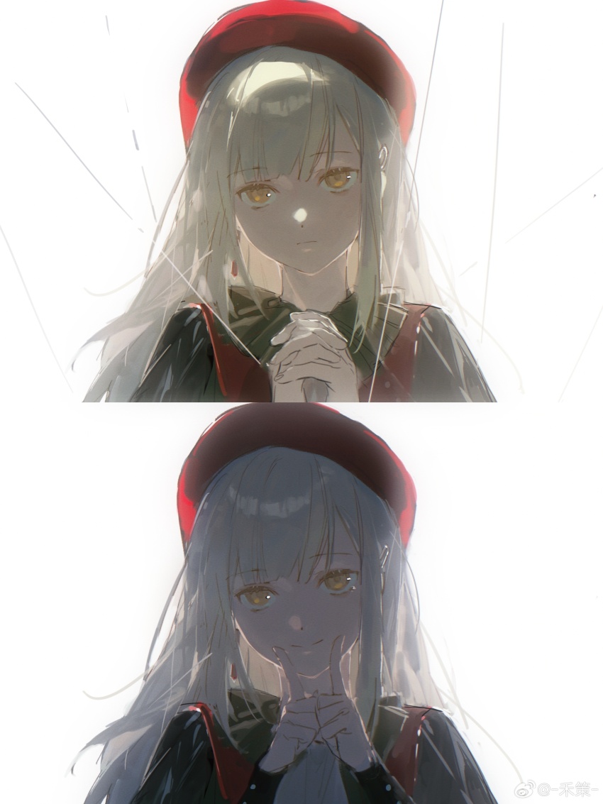 1girl absurdres ascot backlighting bang_dream! bang_dream!_it&#039;s_mygo!!!!! beret blonde_hair closed_mouth commentary_request expressionless fingers_to_mouth fingersmile forced_smile hands_up hat highres index_fingers_raised interlocked_fingers long_hair long_sleeves looking_at_viewer mortis_(bang_dream!) mortis_(costume)_(bang_dream!) mortis_(persona)_(bang_dream!) mouth_pull multiple_views noland own_hands_together puppet_strings red_hat sidelocks simple_background smile solo upper_body wakaba_mutsumi white_background yellow_eyes