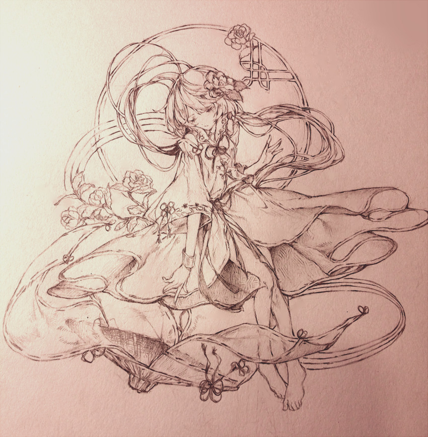 1girl barefoot biwa_lute closed_eyes flower full_body hair_flower hair_ornament highres instrument limited_palette long_hair lute_(instrument) ponytail solo touhou traditional_media tsukumo_benben white_background wide_sleeves zhixie_jiaobu
