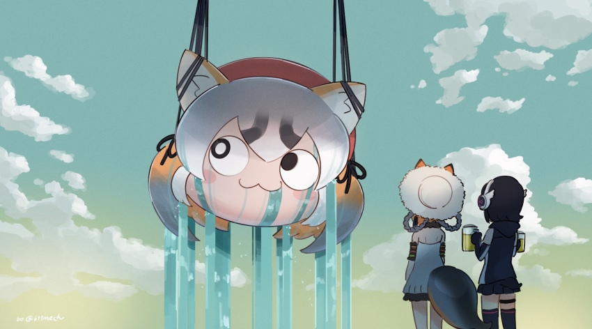 alcohol animal_ears beer beleven belt black_hair blue_sky dress elbow_gloves extra_ears fox_ears fox_girl fox_tail gloves grey_hair gundam gundam_gquuuuuux headphones highres hood hoodie humboldt_penguin_(kemono_friends) island_fox_(kemono_friends) kanihai kemono_friends kemono_friends_v_project long_hair outdoors parody penguin_girl penguin_tail ribbon short_hair skirt sky sleeveless sundress tail thighhighs virtual_youtuber