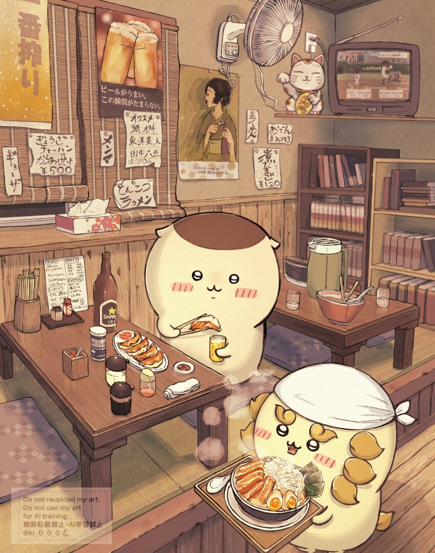 2others :3 absurdres alcohol artist_name bandana bean_sprout beer black_eyes blush_stickers bookshelf bowl chiikawa chopsticks closed_mouth commentary_request crt cup drink dumpling electric_fan fangs food highres holding holding_chopsticks holding_cup holding_drink holding_food holding_tray indoors jiaozi jirou_(ramen) kuri_manjuu_(chiikawa) maneki-neko moromi_(kscd4482) multiple_others noodles nori_(seaweed) open_mouth other_focus plate ramen sapporo_beer shisa_(chiikawa) sitting softboiled_egg table television tissue_box tray twitter_username watermark white_bandana