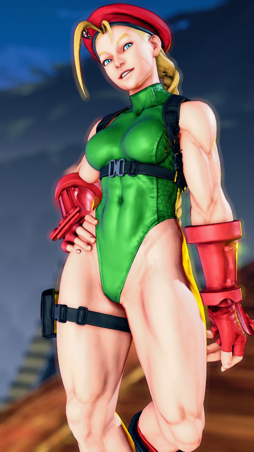 1girl 3d absurdres antenna_hair bare_shoulders blonde_hair blue_eyes braid breasts cammy_white covered_navel curvy gloves green_leotard hand_on_own_hip hat highleg highleg_leotard highres leotard lips long_hair looking_at_viewer medium_breasts red_gloves red_hat ryona screencap shiny_clothes solo standing standing_on_one_leg street_fighter street_fighter_v thighs third-party_edit thong_leotard twin_braids very_long_hair wide_hips
