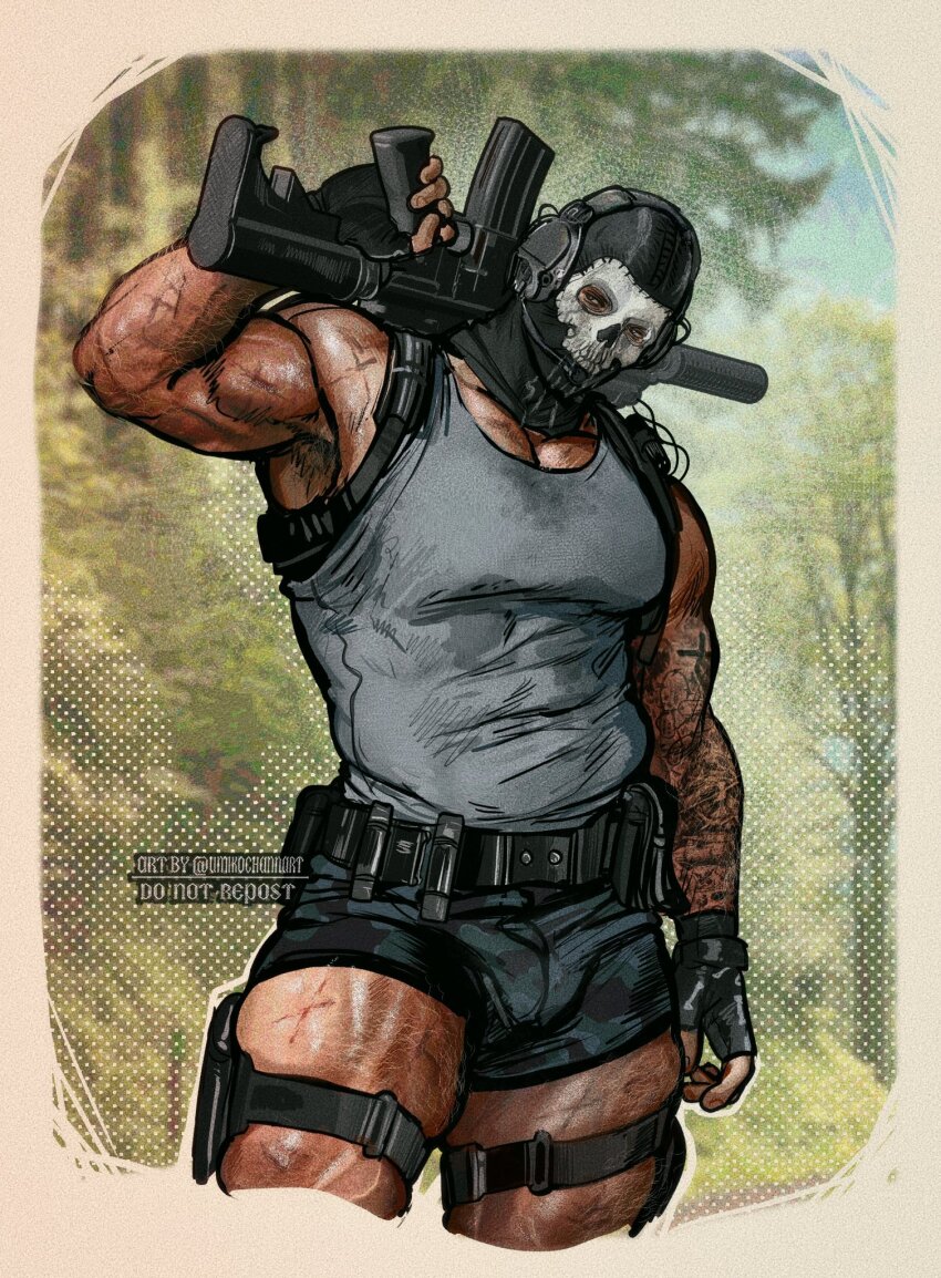 1boy ar-15 arm_tattoo armpit_hair assault_rifle bara black_gloves black_shorts call_of_duty call_of_duty:_modern_warfare_2 finger_on_trigger fingerless_gloves fins ghost_(modern_warfare_2) gloves grey_tank_top gun headphones highres holding holding_gun holding_weapon large_pectorals male_focus mask muscular muscular_arms muscular_legs muscular_male pectorals rifle shorts skull_mask solo suppressor tank_top tattoo thighs twitter_username umikochannart weapon