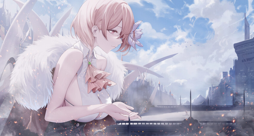 1girl absurdres bare_arms bare_shoulders blonde_hair breasts cleavage cleavage_cutout clothing_cutout fur-trimmed_jacket fur_trim giant giantess haze/reverb highres jacket jewelry large_breasts neckerchief necklace open_clothes open_jacket orange_eyes original roi_(liu_tian) short_hair sideboob size_difference